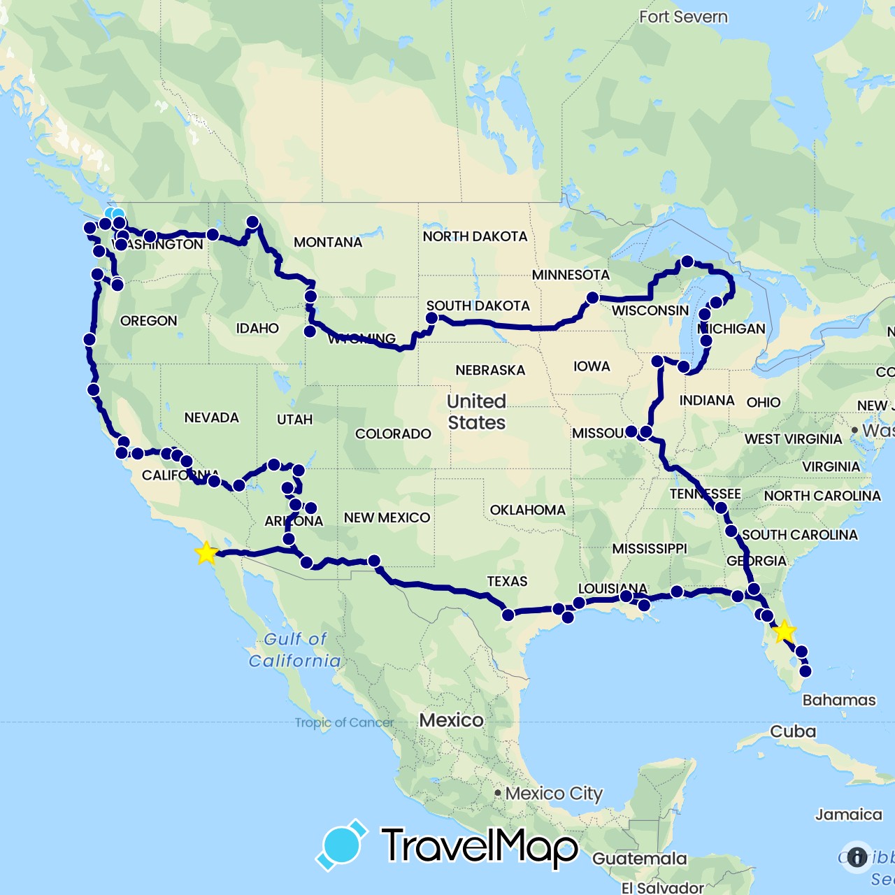 TravelMap itinerary: driving, boat in United States (North America)