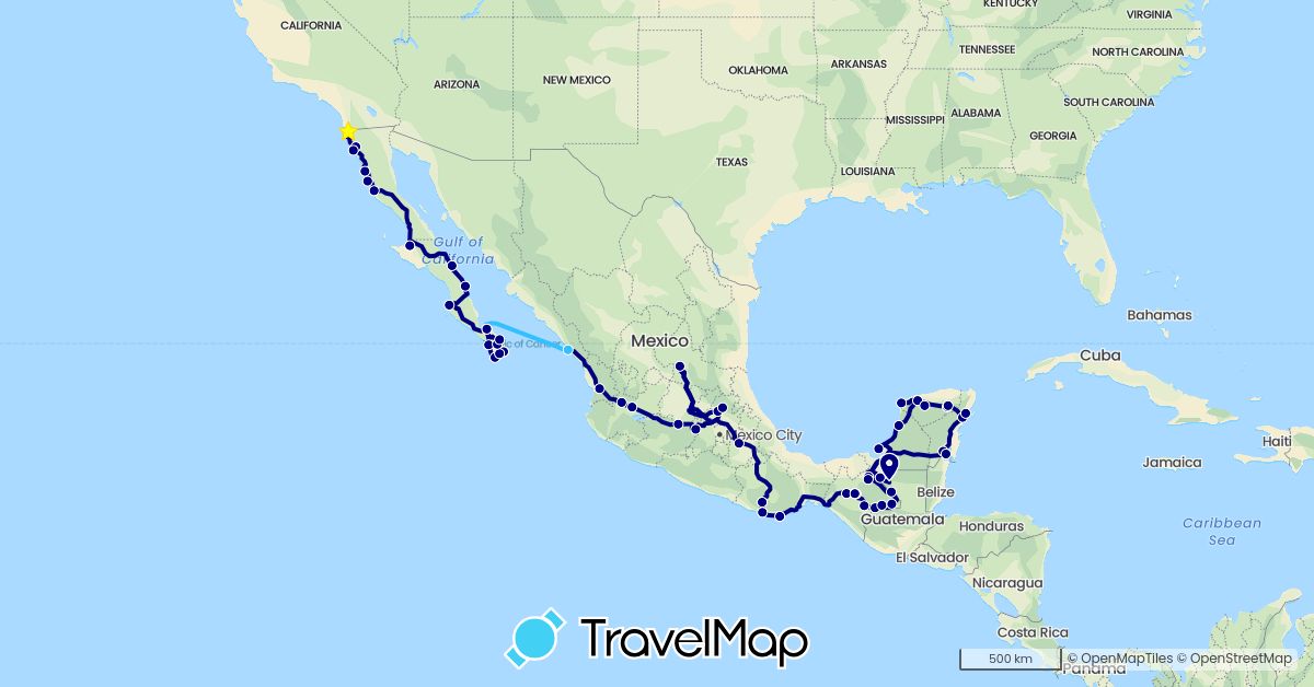 TravelMap itinerary: driving, boat in Guatemala, Mexico (North America)