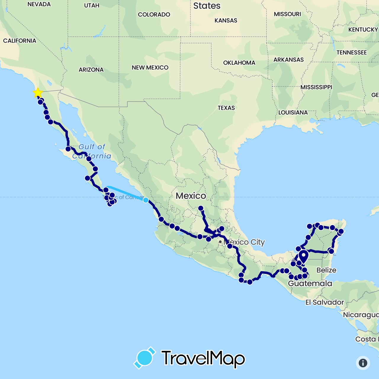 TravelMap itinerary: driving, boat in Guatemala, Mexico (North America)