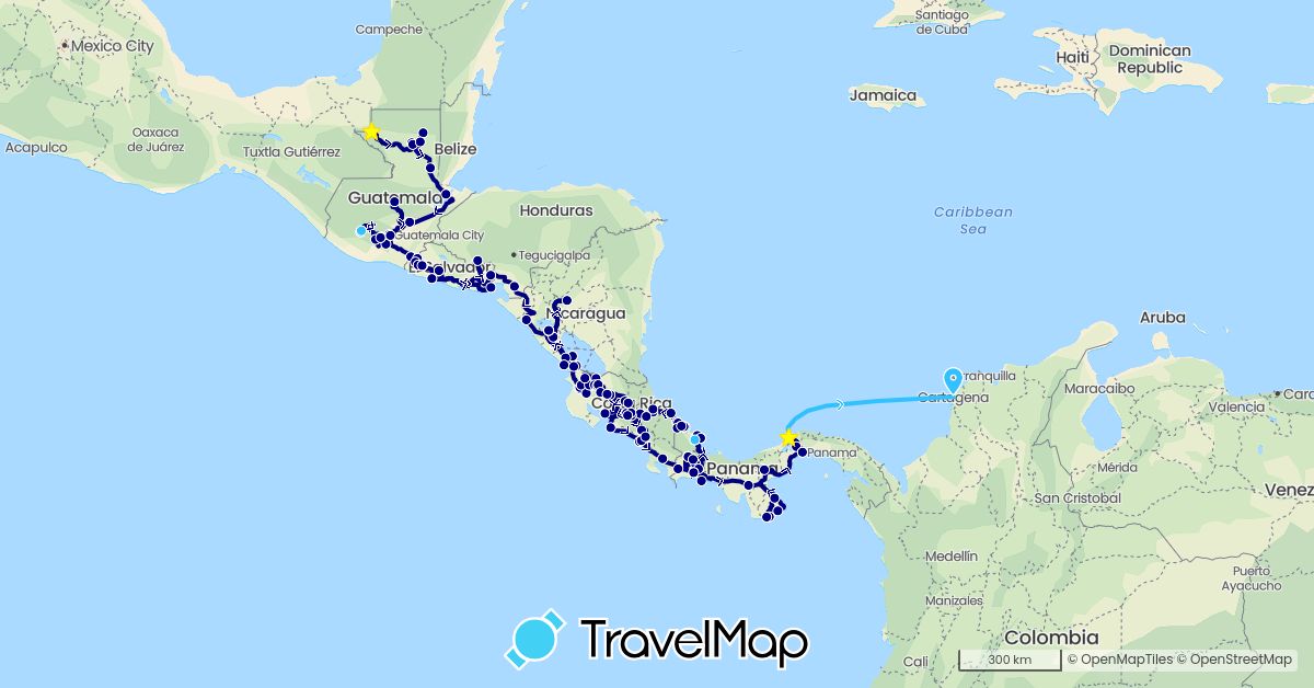 TravelMap itinerary: driving, boat in Colombia, Costa Rica, Guatemala, Honduras, Nicaragua, Panama, El Salvador (North America, South America)