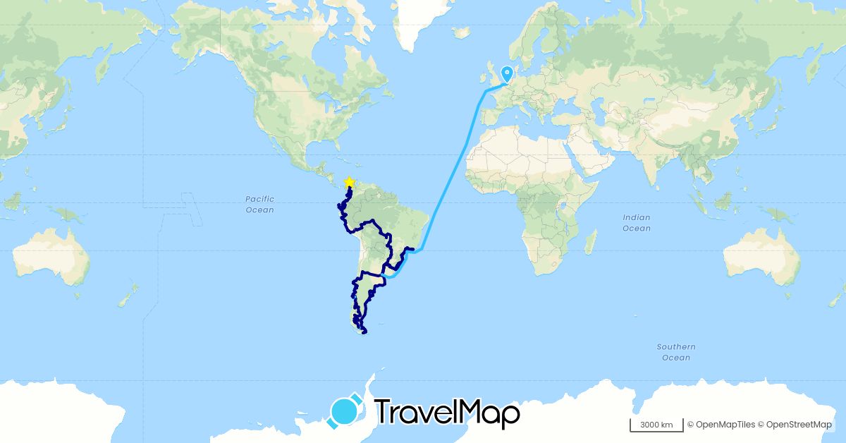 TravelMap itinerary: driving, bus, train, hiking, boat in Argentina, Belgium, Brazil, Chile, Colombia, Ecuador, Peru (Europe, South America)