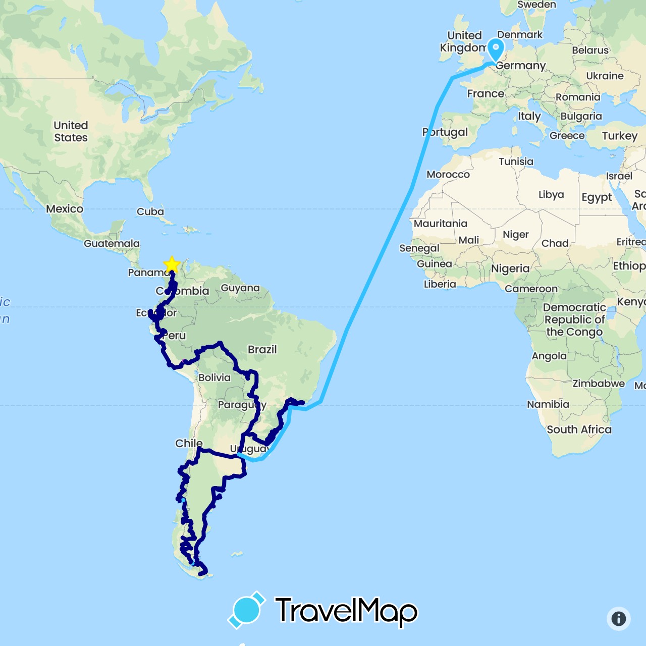 TravelMap itinerary: driving, bus, train, hiking, boat in Argentina, Belgium, Brazil, Chile, Colombia, Ecuador, Peru (Europe, South America)