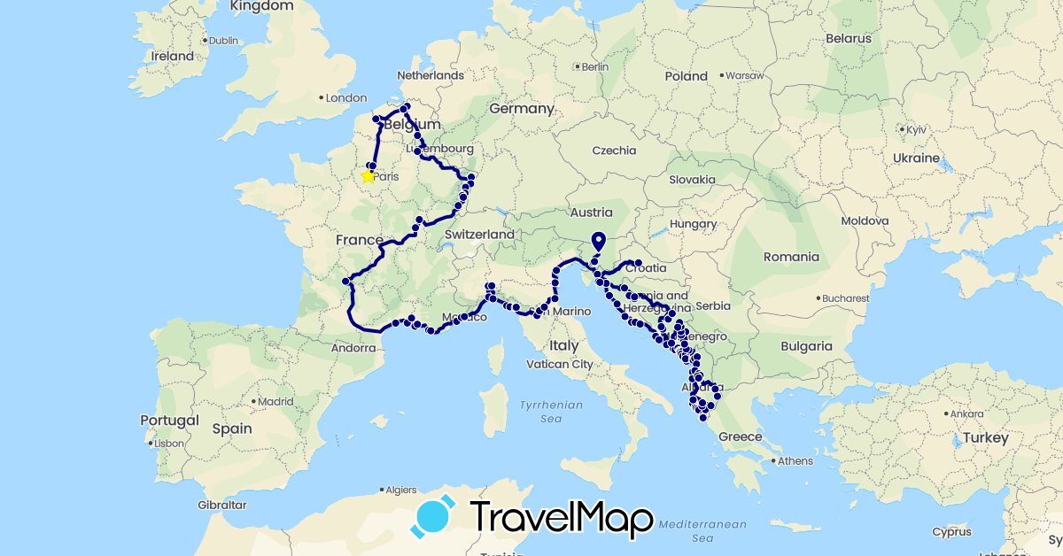 TravelMap itinerary: driving in Albania, Belgium, France, Croatia, Italy, Monaco, Montenegro (Europe)