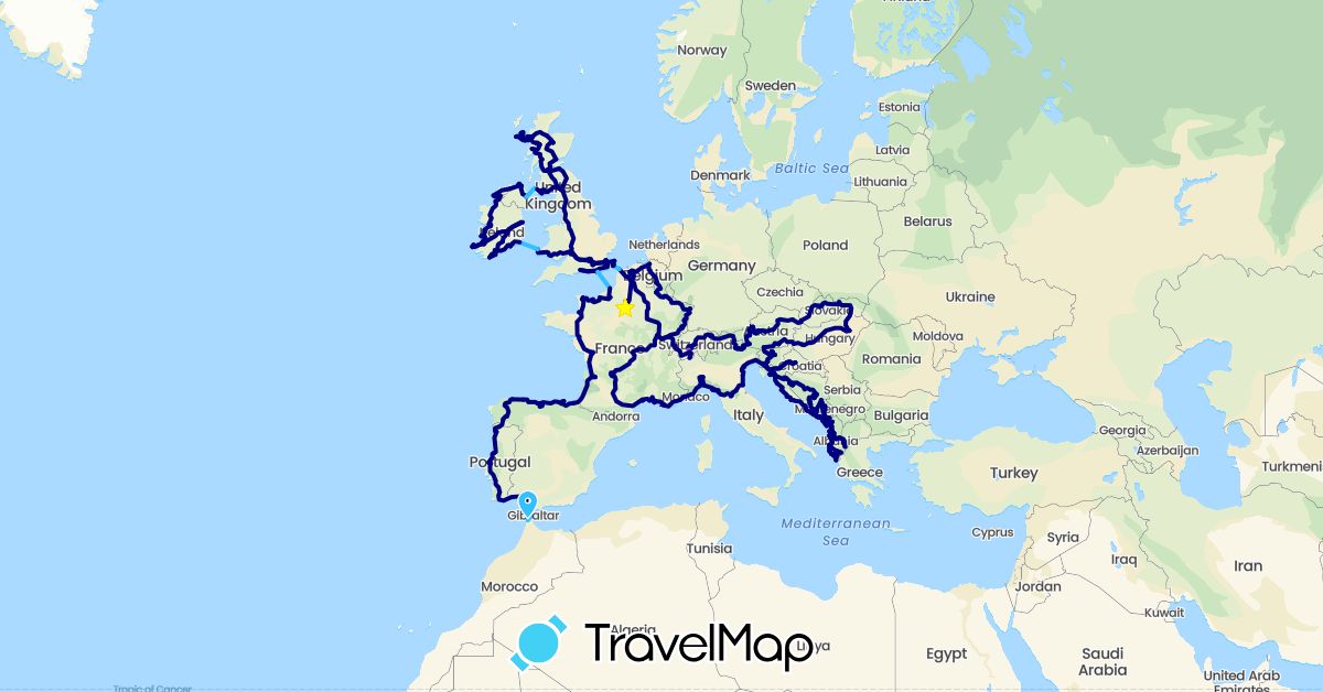 TravelMap itinerary: driving, train, boat in Albania, Austria, Bosnia and Herzegovina, Belgium, Switzerland, Spain, France, United Kingdom, Croatia, Hungary, Ireland, Italy, Morocco, Monaco, Montenegro, Portugal, Slovenia, Slovakia (Africa, Europe)