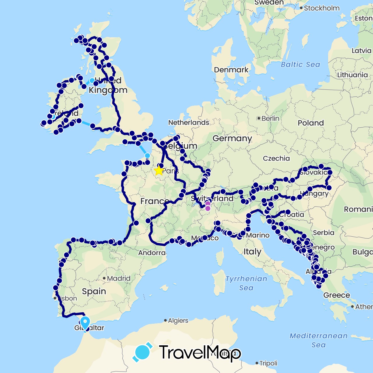 TravelMap itinerary: driving, train, boat in Albania, Austria, Bosnia and Herzegovina, Belgium, Switzerland, Spain, France, United Kingdom, Croatia, Hungary, Ireland, Italy, Morocco, Monaco, Montenegro, Portugal, Slovenia, Slovakia (Africa, Europe)