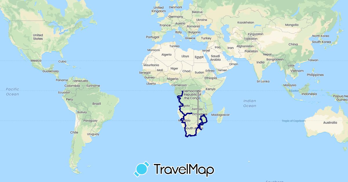 TravelMap itinerary: driving, plane in Angola, Benin, Democratic Republic of the Congo, Republic of the Congo, Côte d'Ivoire, Cameroon, Ghana, Gambia, Guinea, Liberia, Morocco, Mauritania, Mozambique, Namibia, Nigeria, Sierra Leone, Senegal, Swaziland, Togo, Turkey, South Africa, Zimbabwe (Africa, Asia)