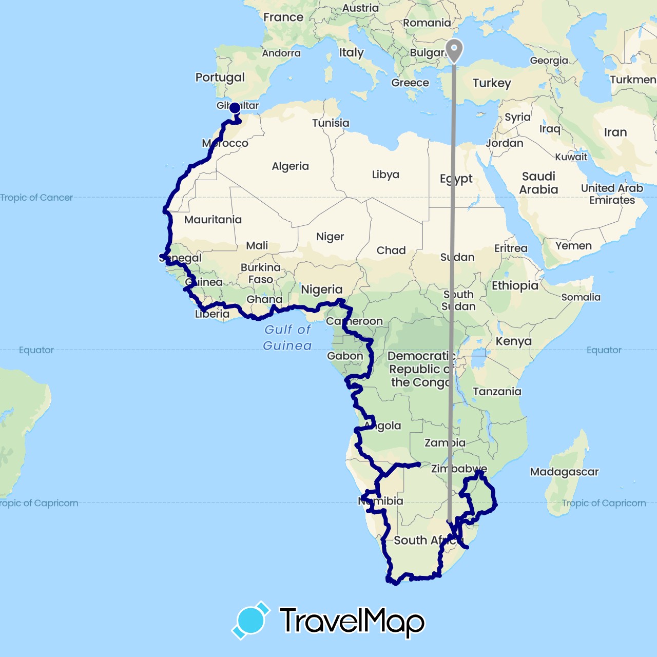 TravelMap itinerary: driving, plane in Angola, Benin, Democratic Republic of the Congo, Republic of the Congo, Côte d'Ivoire, Cameroon, Ghana, Gambia, Guinea, Liberia, Morocco, Mauritania, Mozambique, Namibia, Nigeria, Sierra Leone, Senegal, Swaziland, Togo, Turkey, South Africa, Zimbabwe (Africa, Asia)